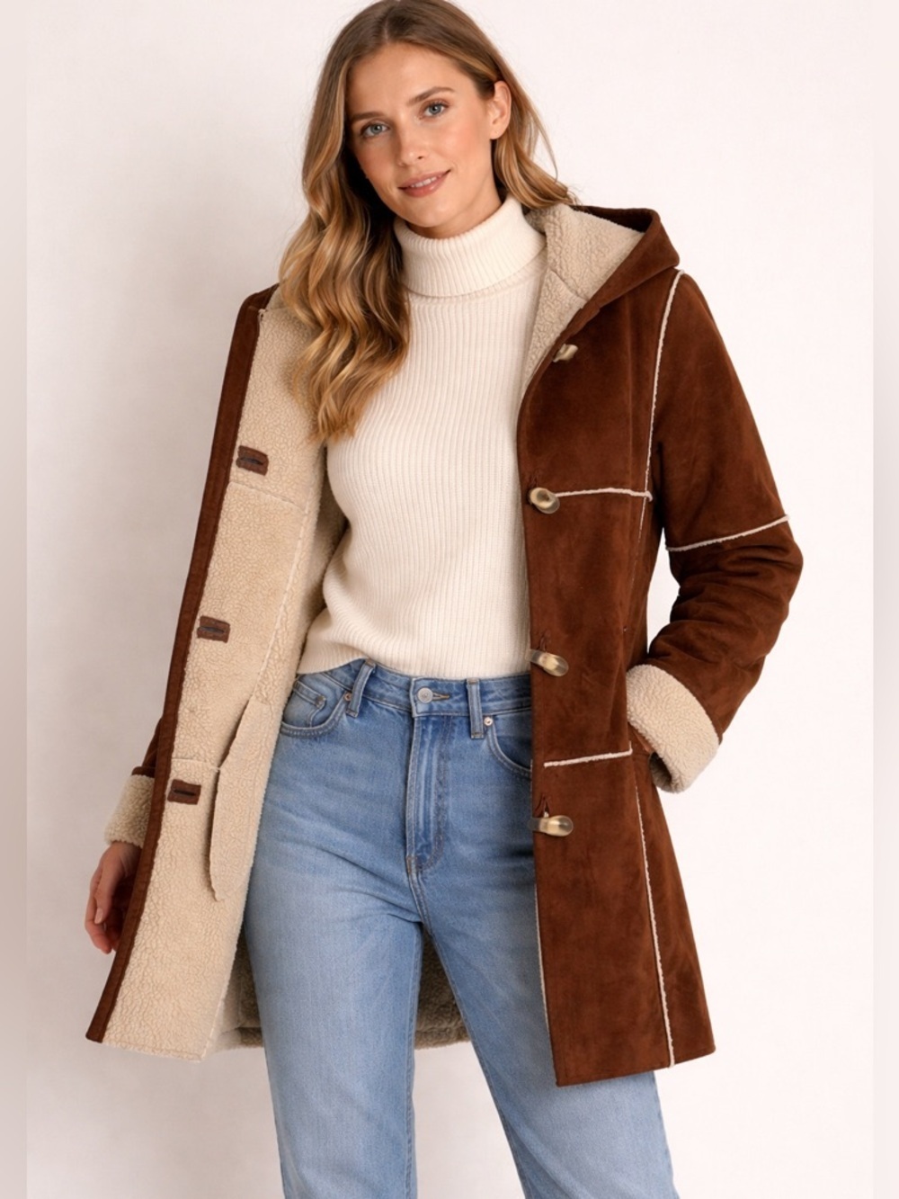 Lauren Ralph Lauren Faux Shearling Suede Hooded Coat | Size S | Pre-Owned